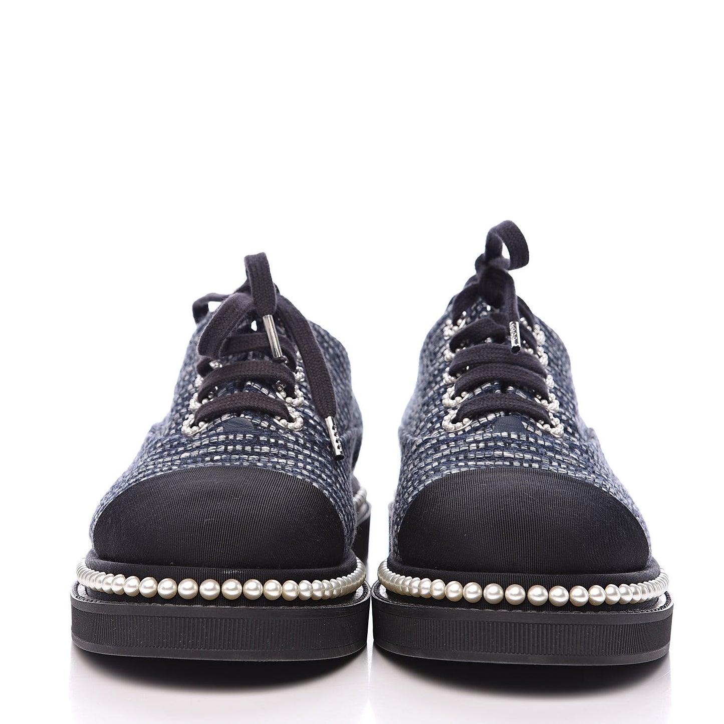 Tweed Grosgrain Pearl Lace Up Sneakers 38 Navy Black