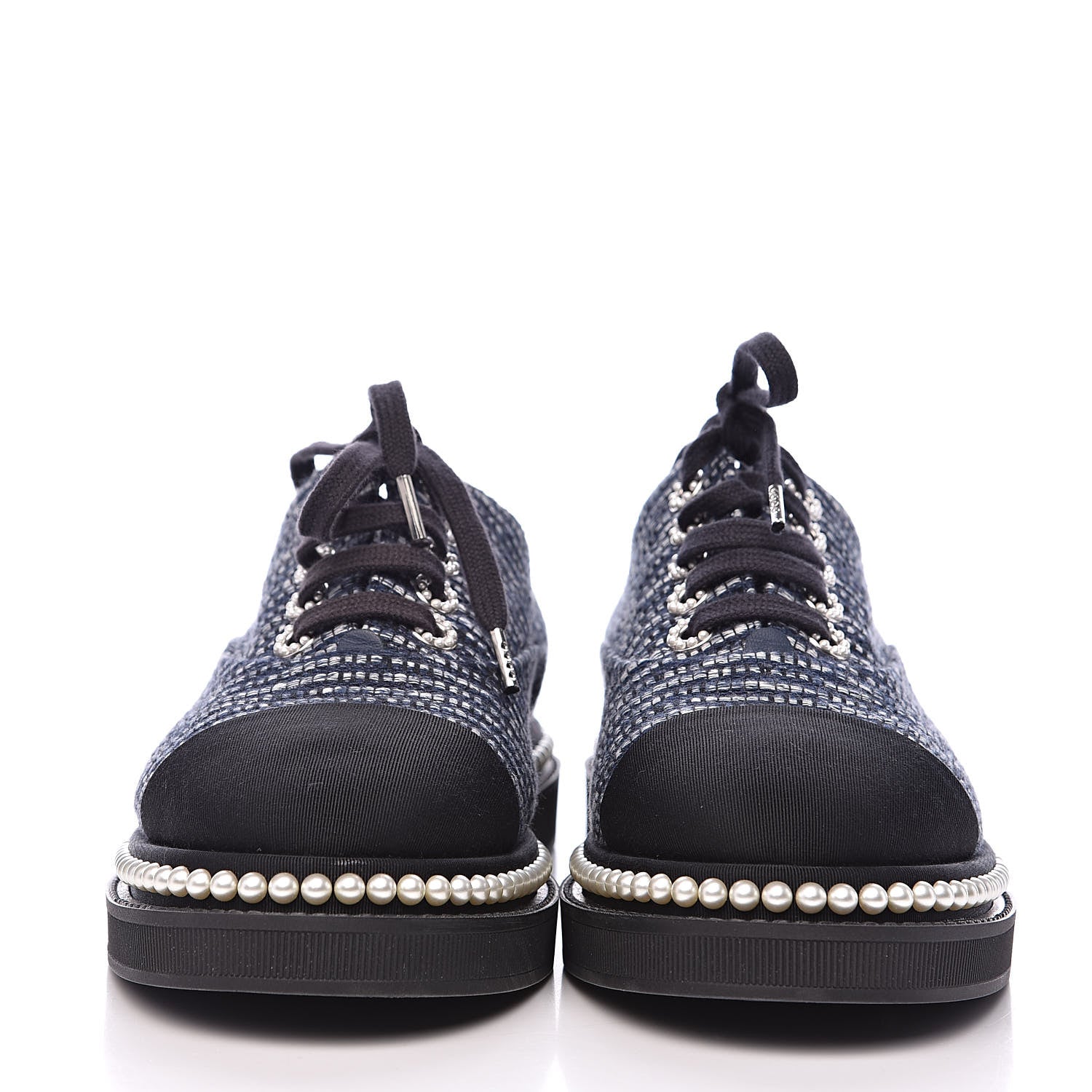 Chanel Tweed Grosgrain Pearl Lace Up Sneakers 38 Navy Black 2 of 9