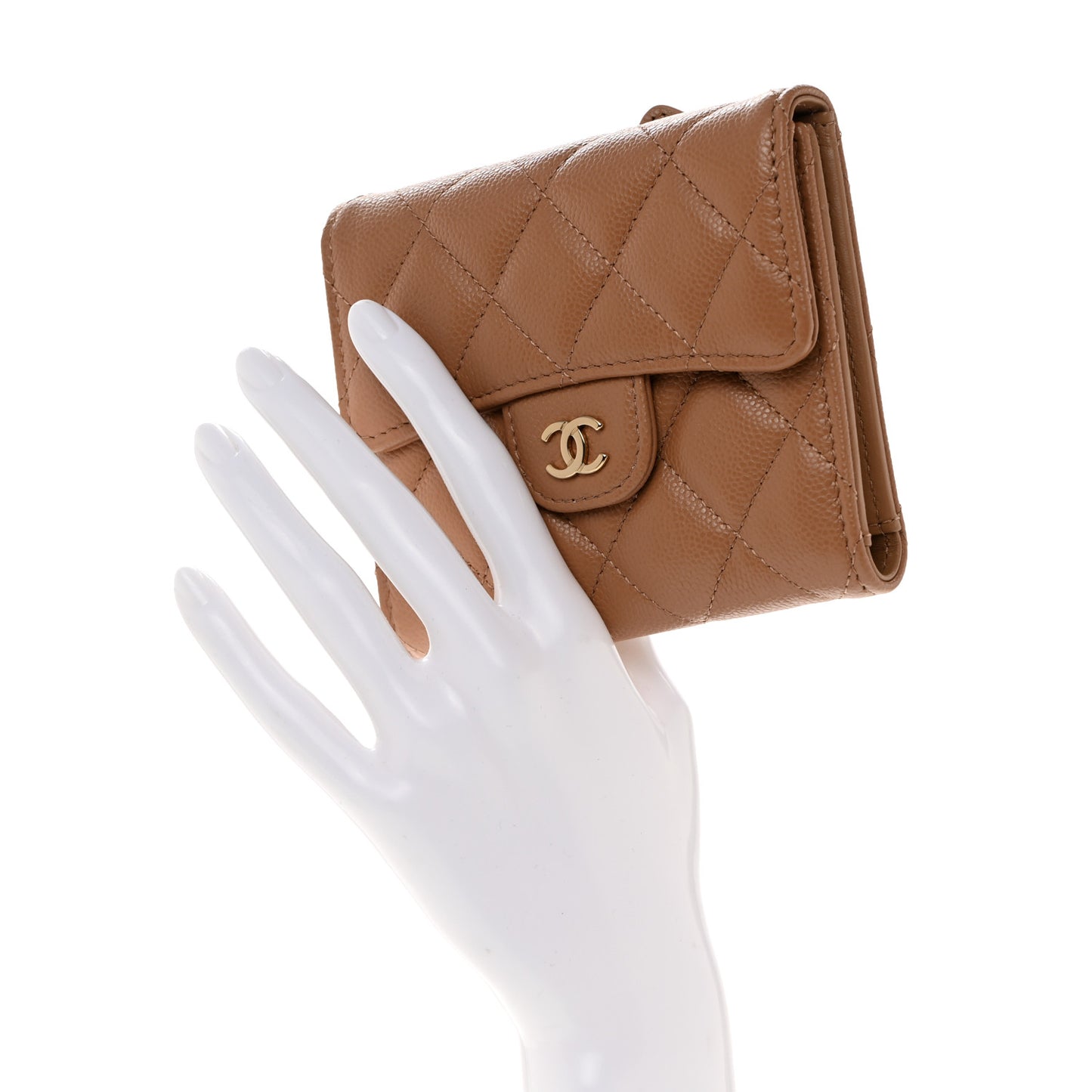 Caviar Quilted Compact Flap Wallet Beige