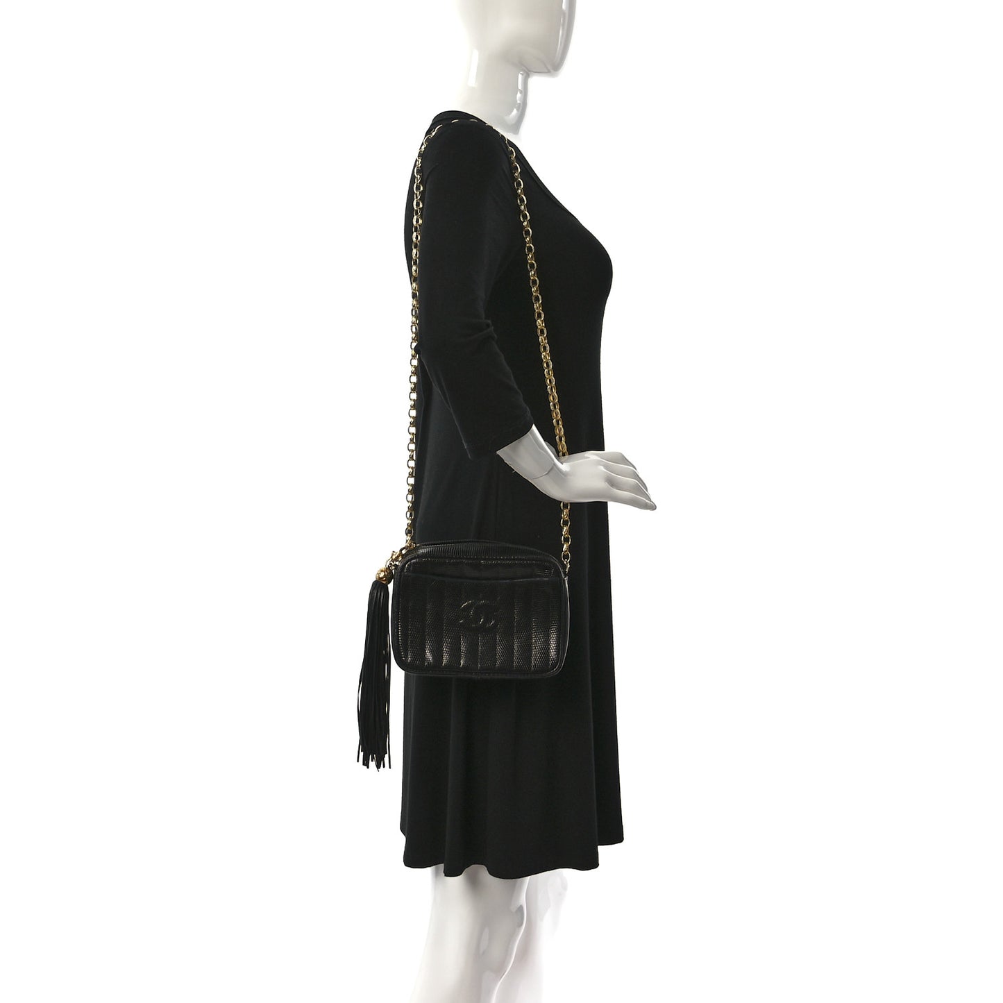 Lizard Quilted Small Tassel Camera Case Black