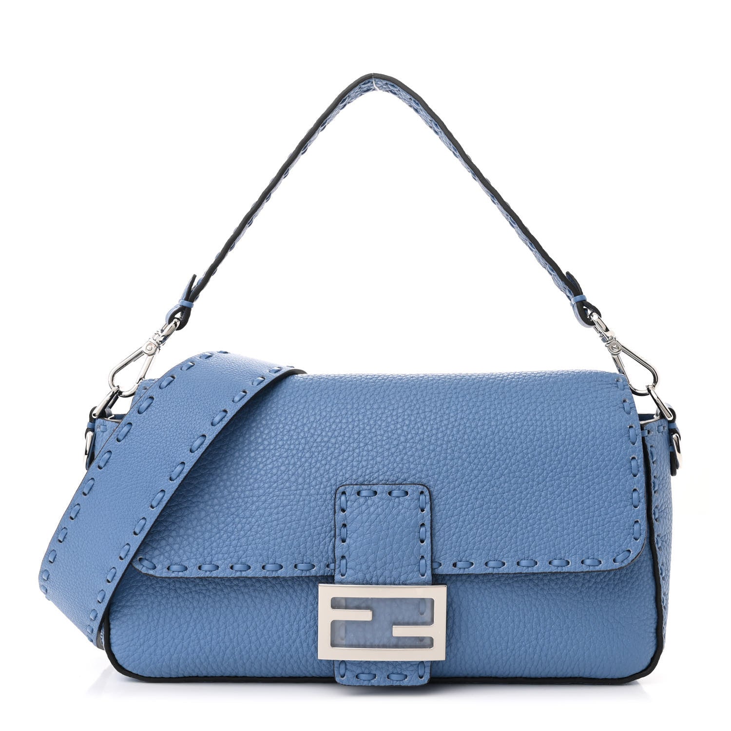 Fendi Cuoio Roma Sellerissima Nappa Sintetica Tape Stitch Baguette Placca Argento Blue 1 of 10