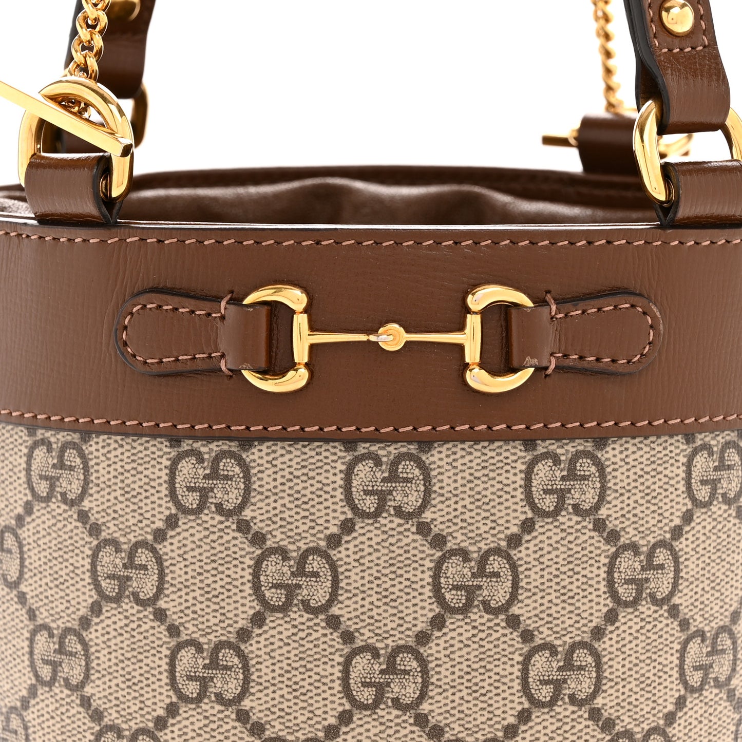 GG Supreme Monogram Azalea Sakai Calfskin Small Horsebit 1955 Drawstring Bucket Bag Beige Ebony Brown Sugar