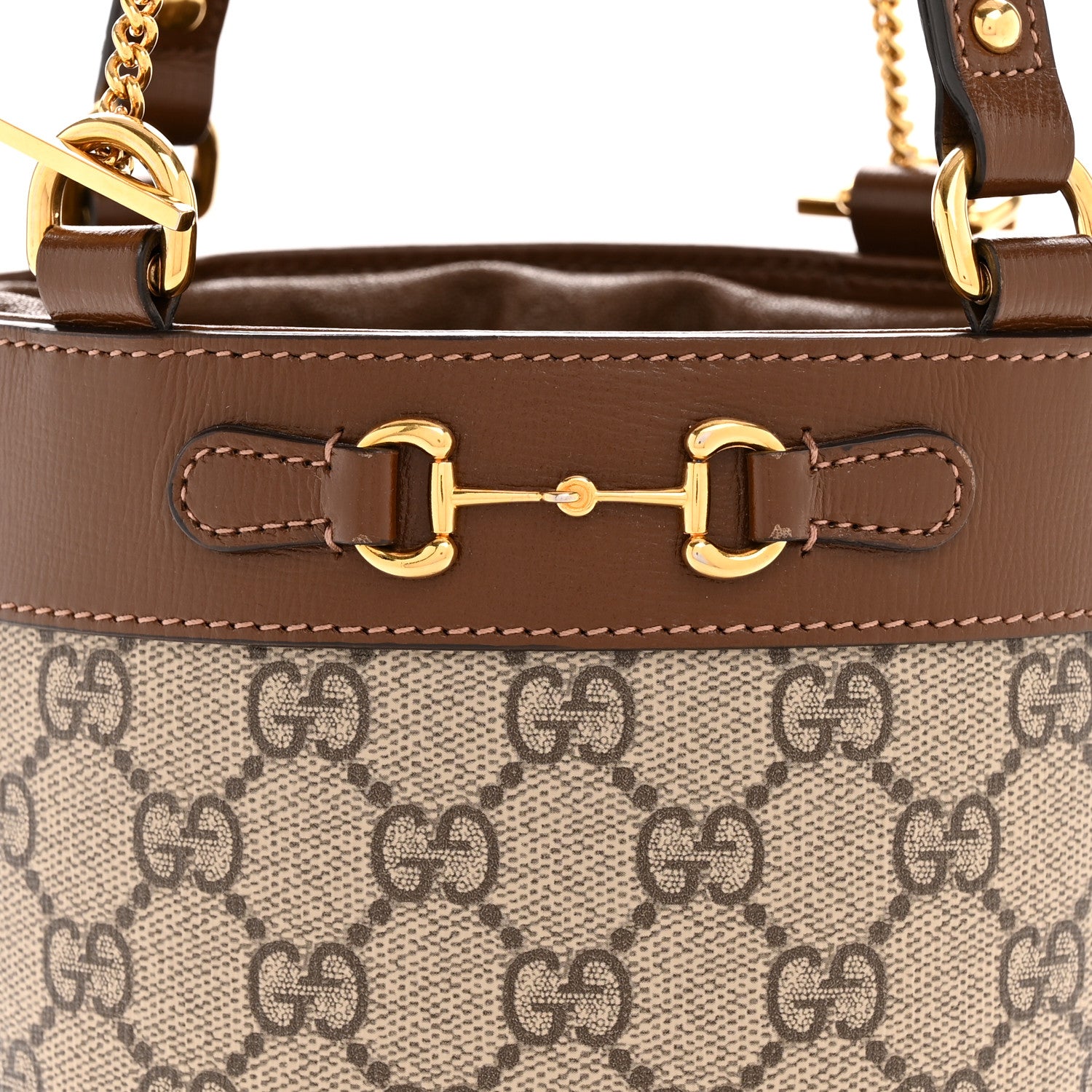Gucci GG Supreme Monogram Azalea Sakai Calfskin Small Horsebit 1955 Drawstring Bucket Bag Beige Ebony Brown Sugar 8 of 12