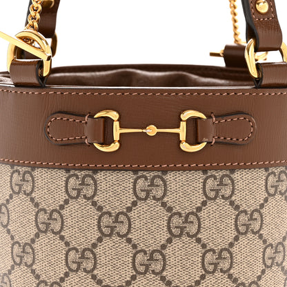 Gucci GG Supreme Monogram Azalea Sakai Calfskin Small Horsebit 1955 Drawstring Bucket Bag Beige Ebony Brown Sugar 8 of 12