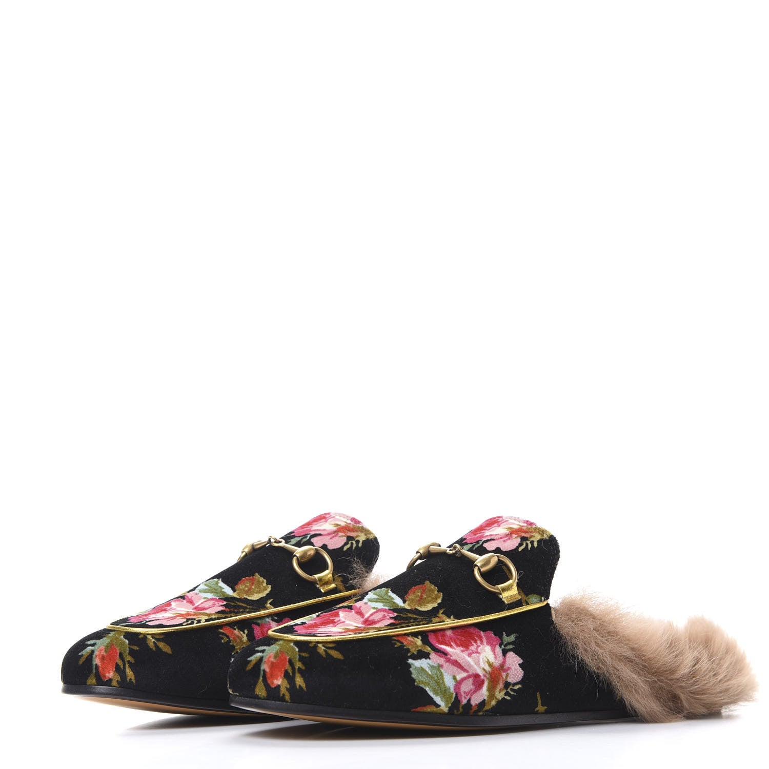 Gucci Velvet Fur Floral Womens Princetown Slippers 37 Black 3 of 8