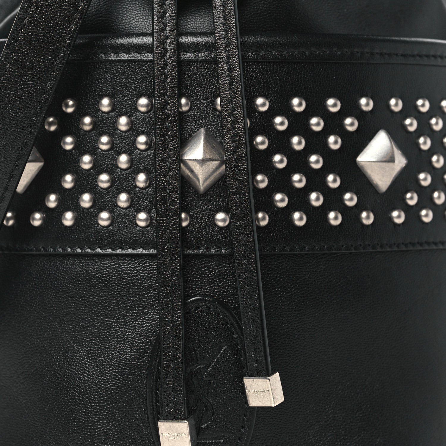 Saint Laurent Smooth Calfskin Studded Small Bahia Drawstring Bucket Bag Black 7 of 9