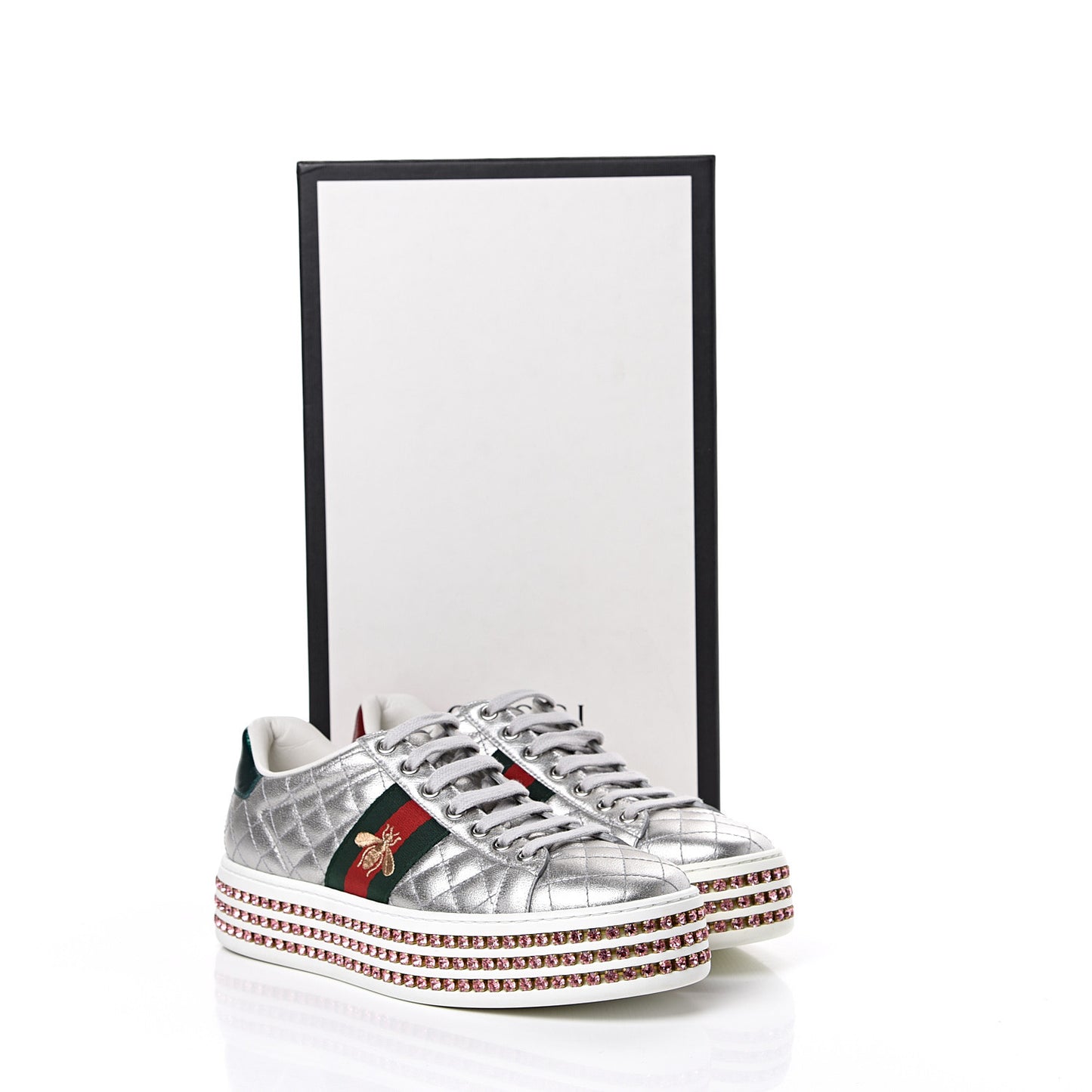 Laminated Nappa Crystal Web Bee Embroidered Trapuntata Womens Ace Platform Sneakers 36.5 Argento