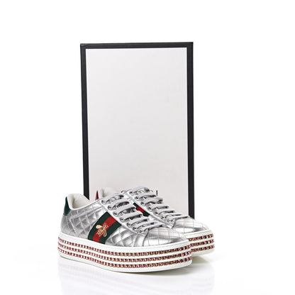 Gucci Laminated Nappa Crystal Web Bee Embroidered Trapuntata Womens Ace Platform Sneakers 36.5 Argento 8 of 8