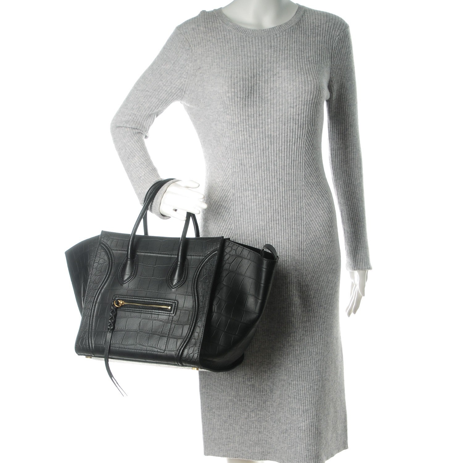 Celine Crocodile Embossed Calfskin Medium Phantom Luggage Black 2 of 8
