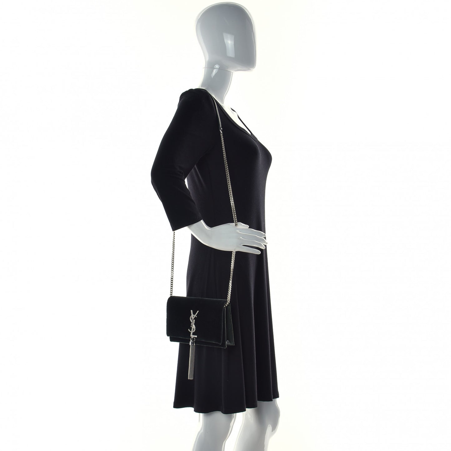 Velvet Crystal Monogram Tassel Chain Wallet Green