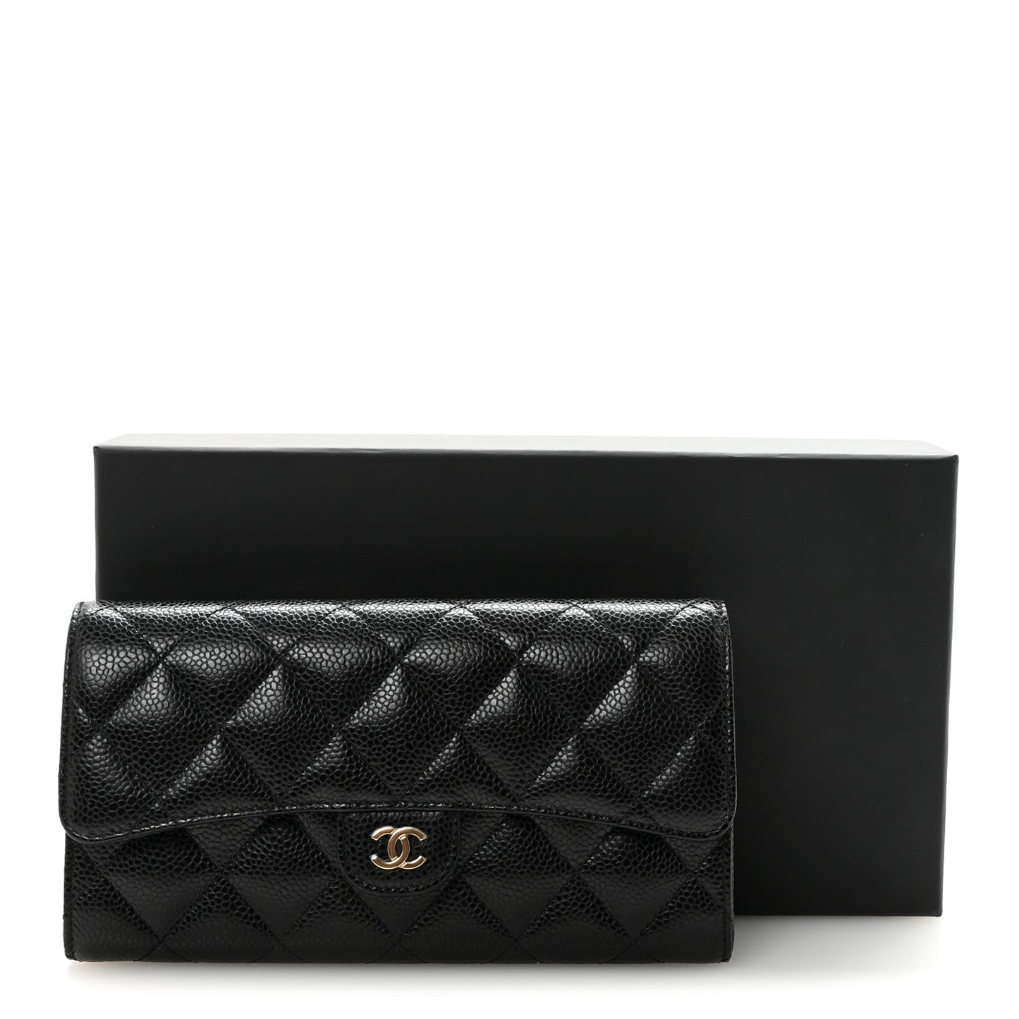 Caviar Quilted Large Gusset Flap Wallet Black