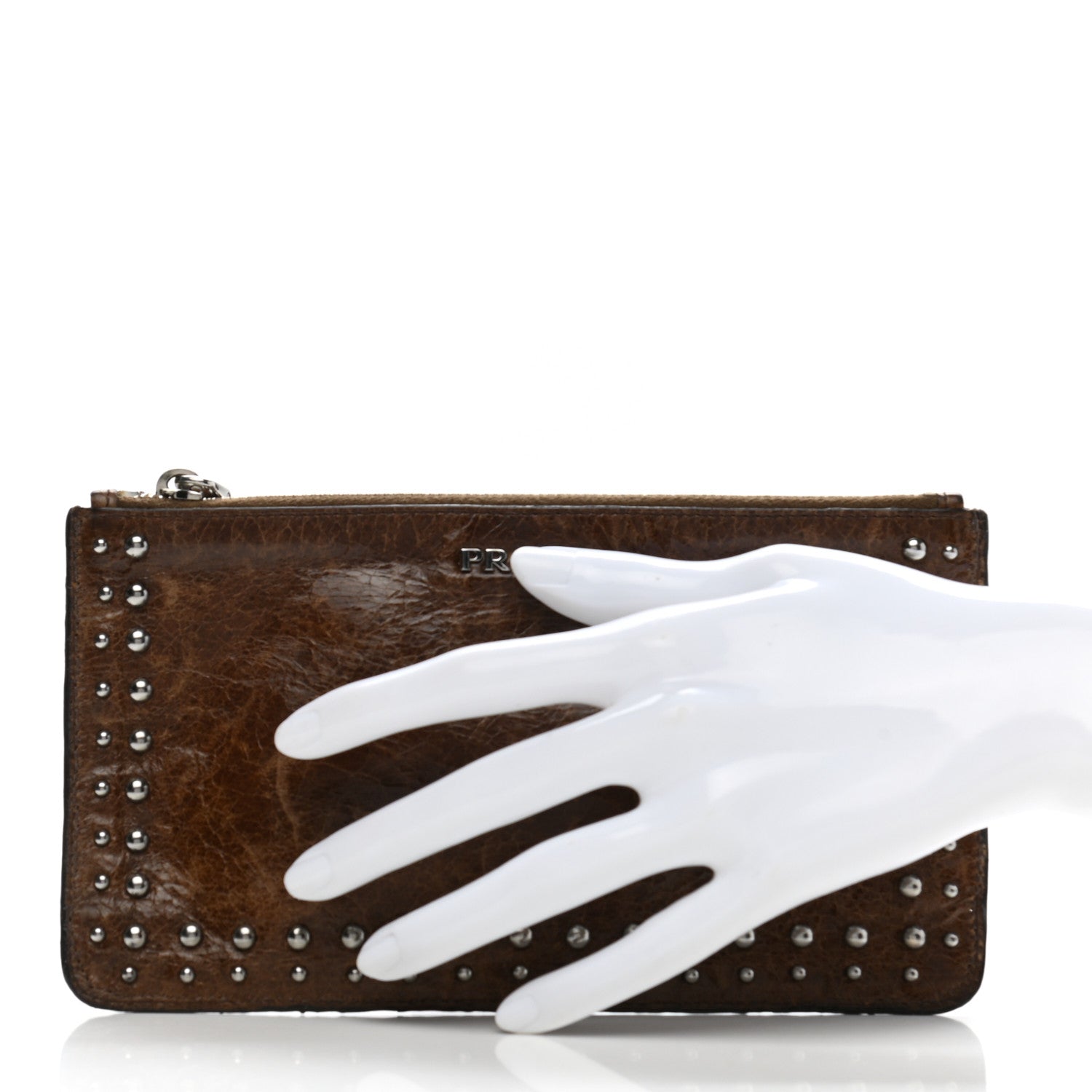 Prada Aged Calfskin Studded Zip Clutch Brown 2 of 11