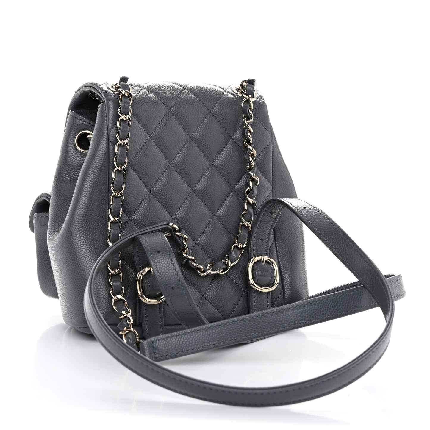 Shiny Caviar Quilted Small Duma Pockets Drawstring Backpack Grey