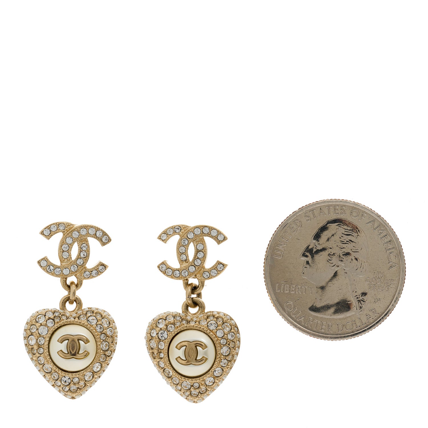 Chanel Pearl Crystal CC Heart Drop Earrings Gold White 3 of 5