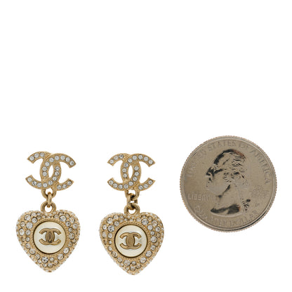 Chanel Pearl Crystal CC Heart Drop Earrings Gold White 3 of 5