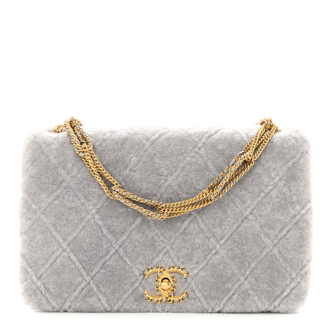 Shearling Lambskin Quilted On And On Medium Chain Flap Grey