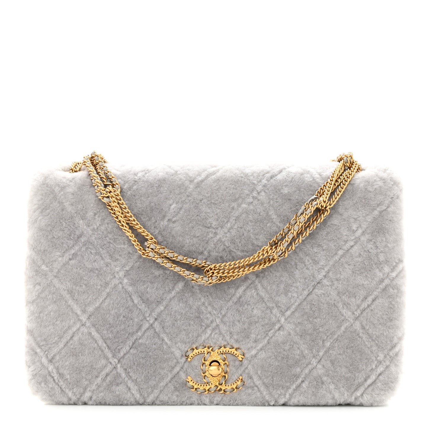 Shearling Lambskin Quilted On And On Medium Chain Flap Grey