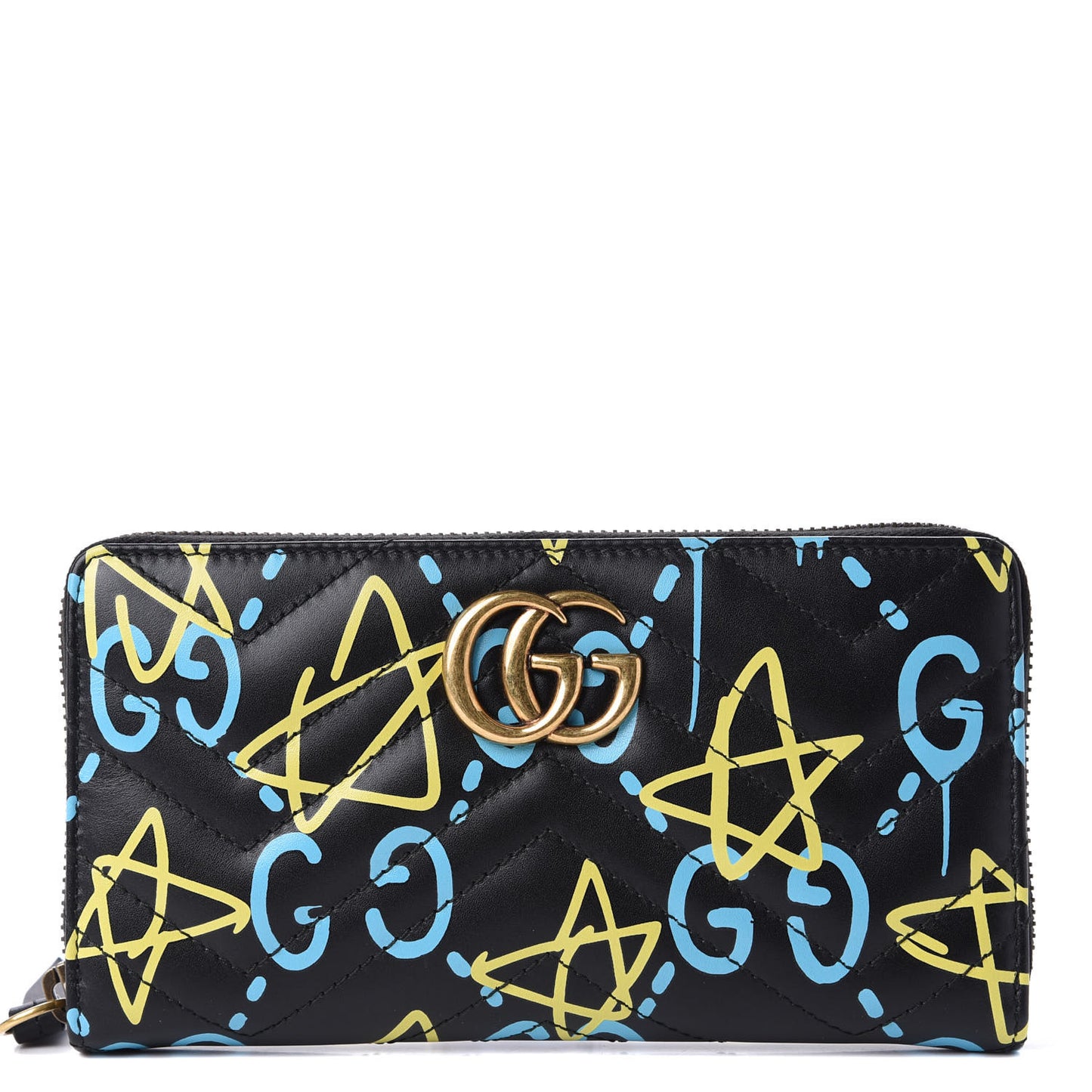 Calfskin Matelasse GucciGhost GG Marmont Zip Around Wallet Black New Acquamarine