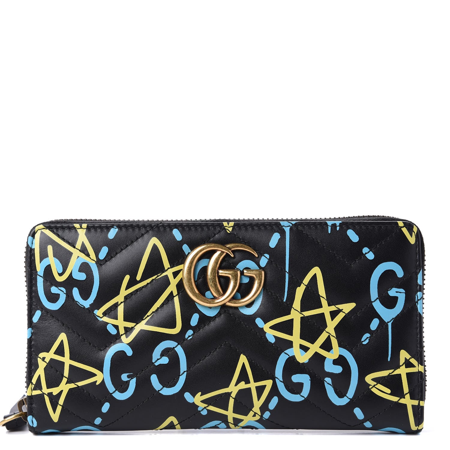 Gucci Calfskin Matelasse GucciGhost GG Marmont Zip Around Wallet Black New Acquamarine 1 of 10