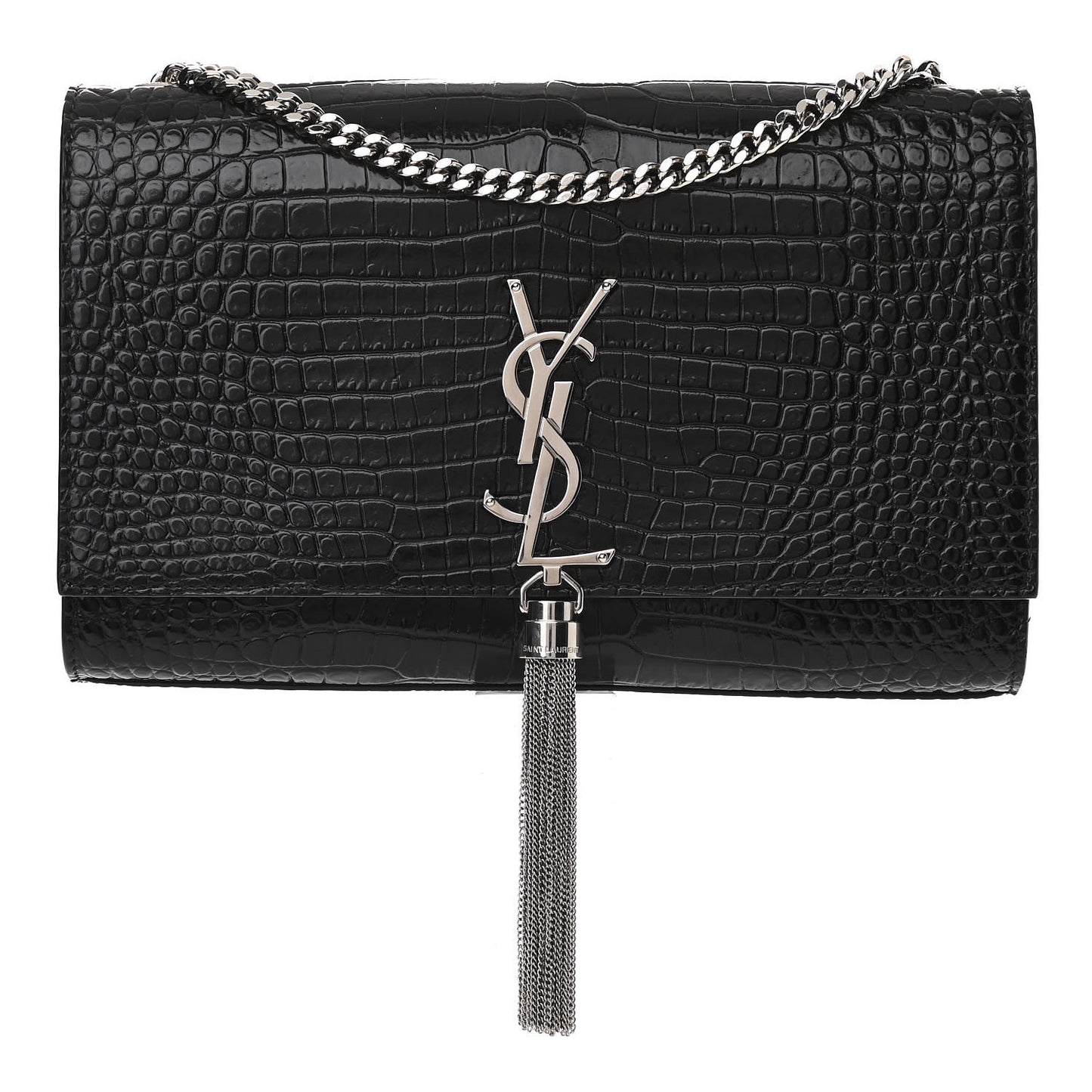Calfskin Crocodile Embossed Medium Classic Monogram Kate Tassel Satchel Black