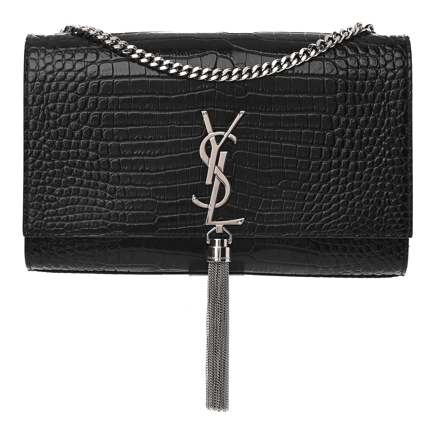 Saint Laurent Calfskin Crocodile Embossed Medium Classic Monogram Kate Tassel Satchel Black 1 of 10