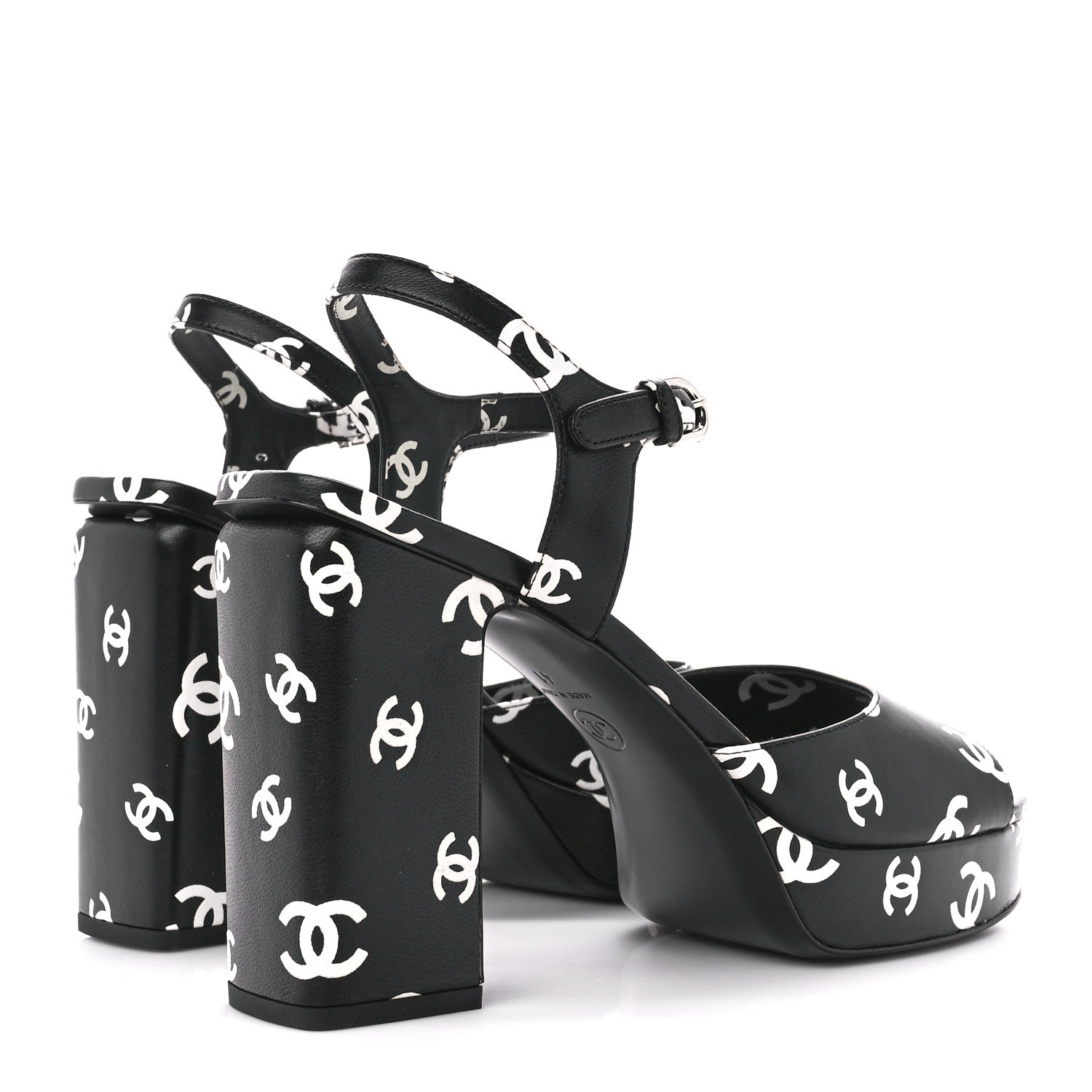 Chanel Printed Lambskin CC Platform Sandals 41 Black White 4 of 9