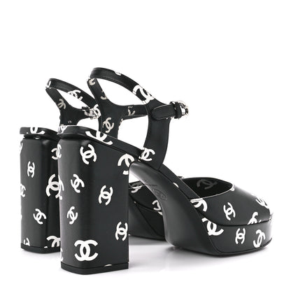 Chanel Printed Lambskin CC Platform Sandals 41 Black White 4 of 9