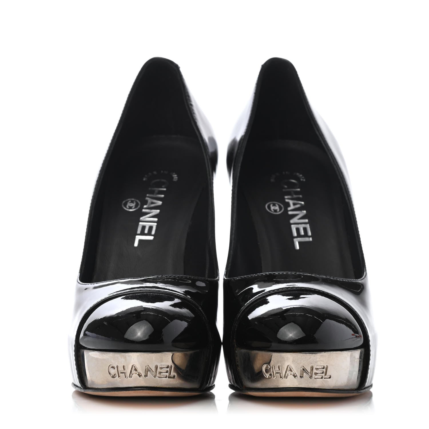 Chanel Patent Silver Cap Toe CC Pumps 37 Black 2 of 4