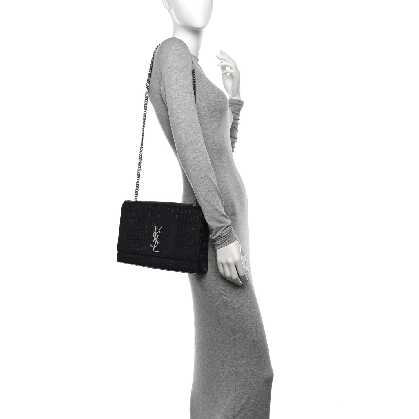 Calfskin Crocodile Embossed Large Classic Monogram Kate Satchel Black