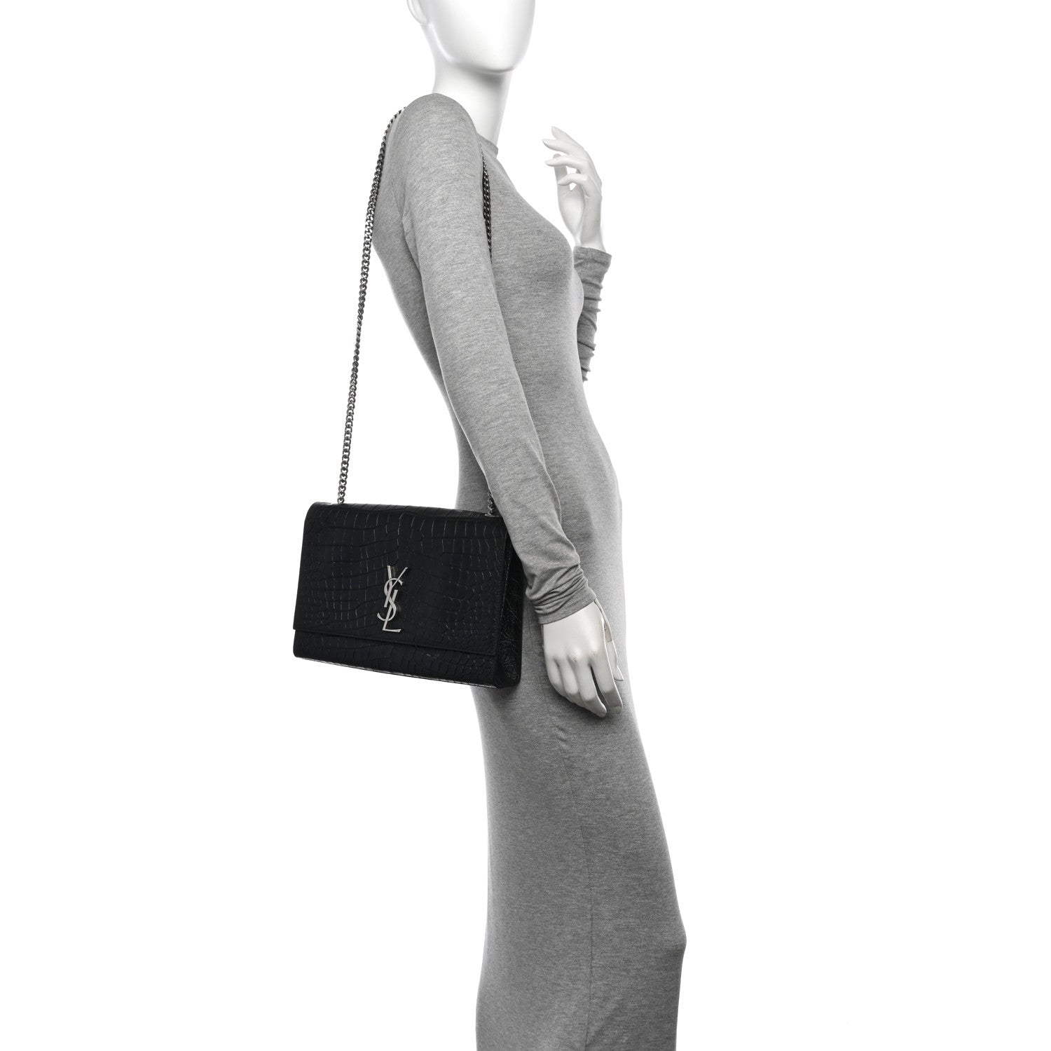 Saint Laurent Calfskin Crocodile Embossed Large Classic Monogram Kate Satchel Black 2 of 15