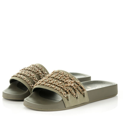 Chanel Canvas Chain Flat Sandals 36 Khaki 3 of 6