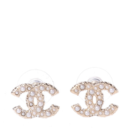Chanel Metal Graduated Pearl Crystal CC Earrings Light Gold 1 of 4