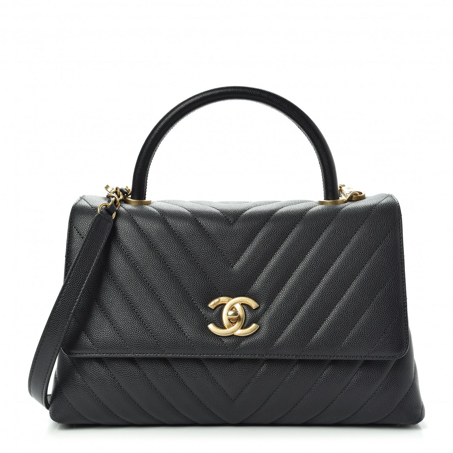 Caviar Chevron Quilted Small Coco Handle Flap Dark Grey