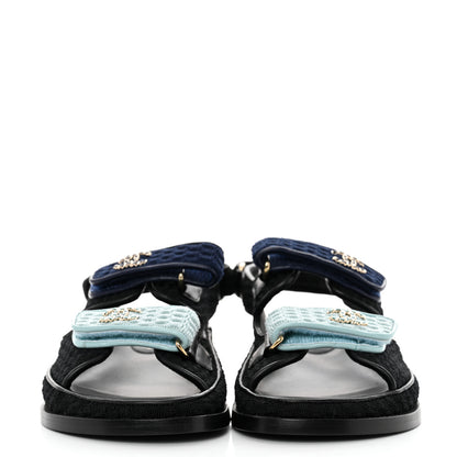 Chanel Knit Fabric Velcro Dad Sandals 38 Black Dark Blue Light Blue 2 of 9