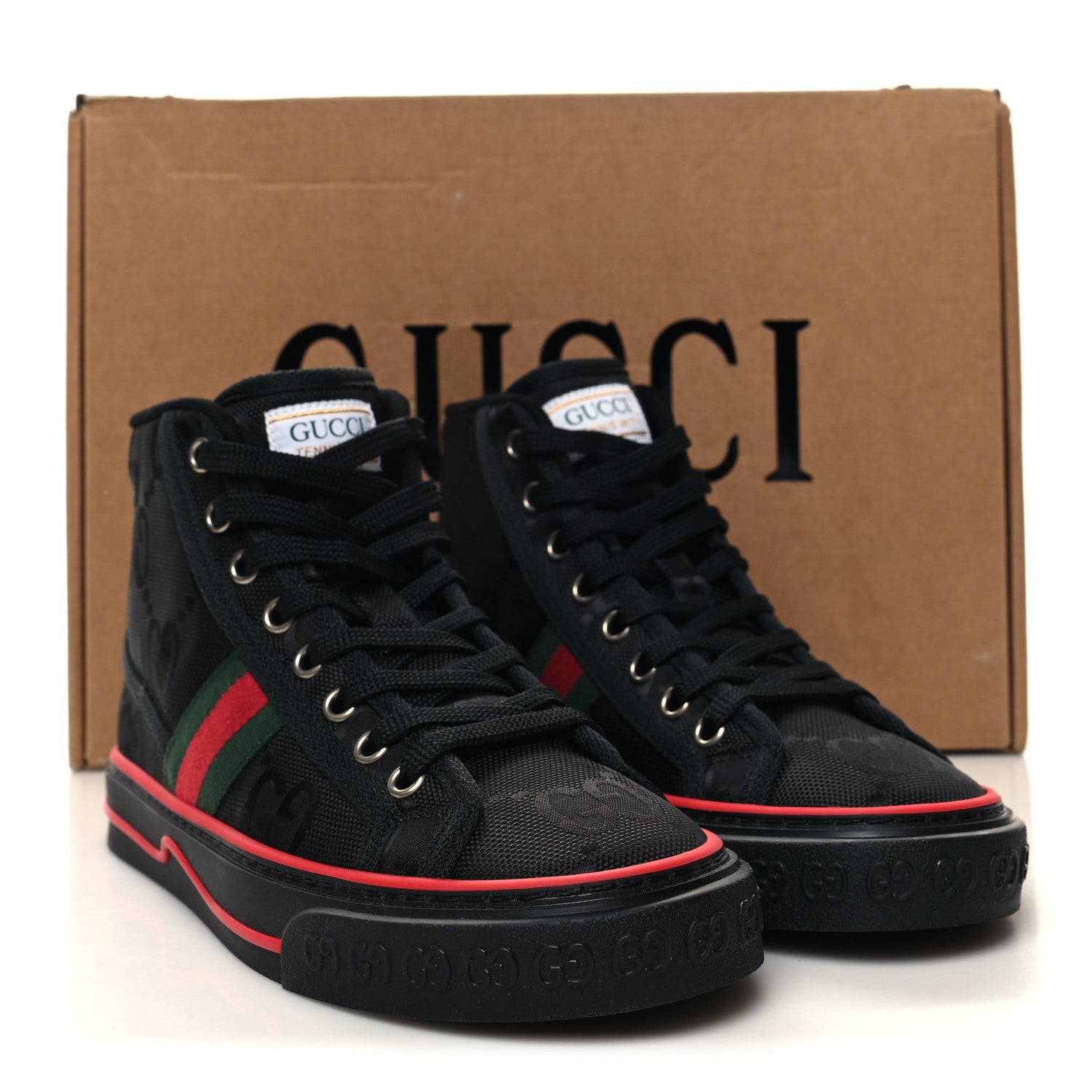 Gucci Econyl Nylon Web Monogram Off The Grid Womens 1977 Tennis High Top Sneakers 35 Black 8 of 8