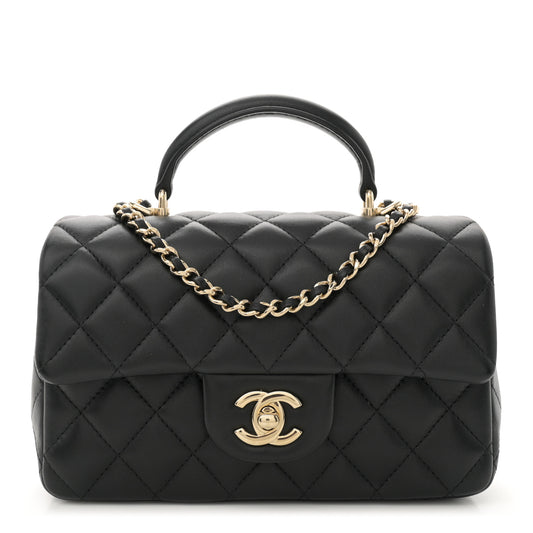 Lambskin Quilted Mini Top Handle Rectangular Flap Black