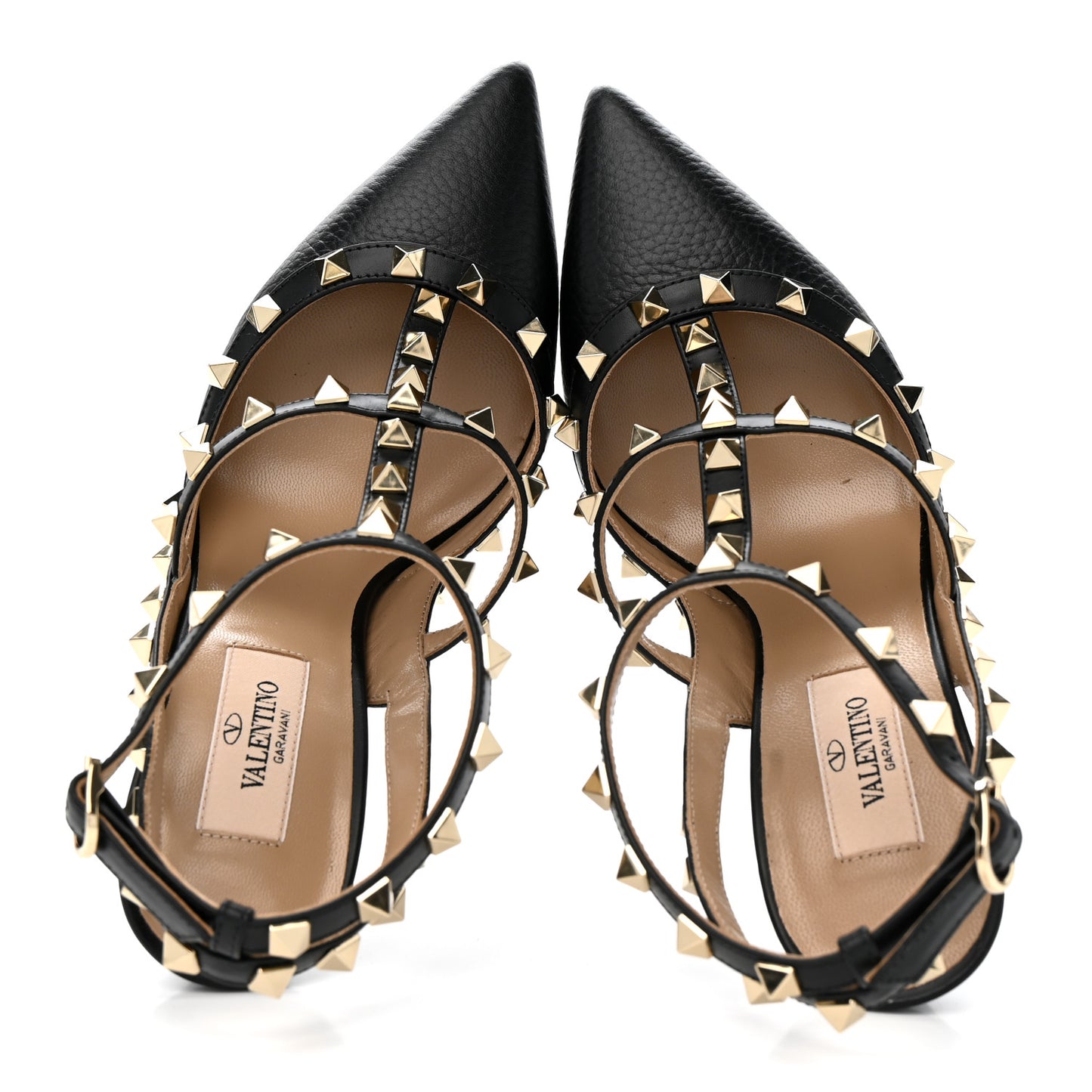 Pebbled Calfskin Rockstud Ankle Strap 100mm Pumps 37 Black
