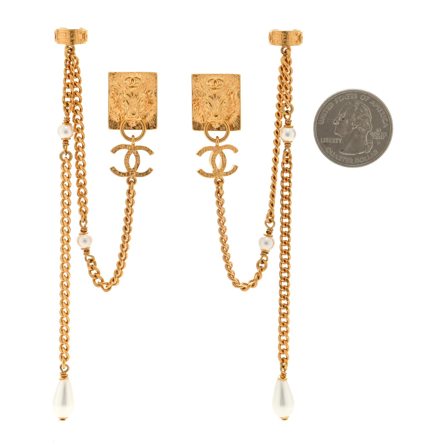 Chanel Pearl Lion Head CC Drop Earrings Gold Pearly White 2 of 4