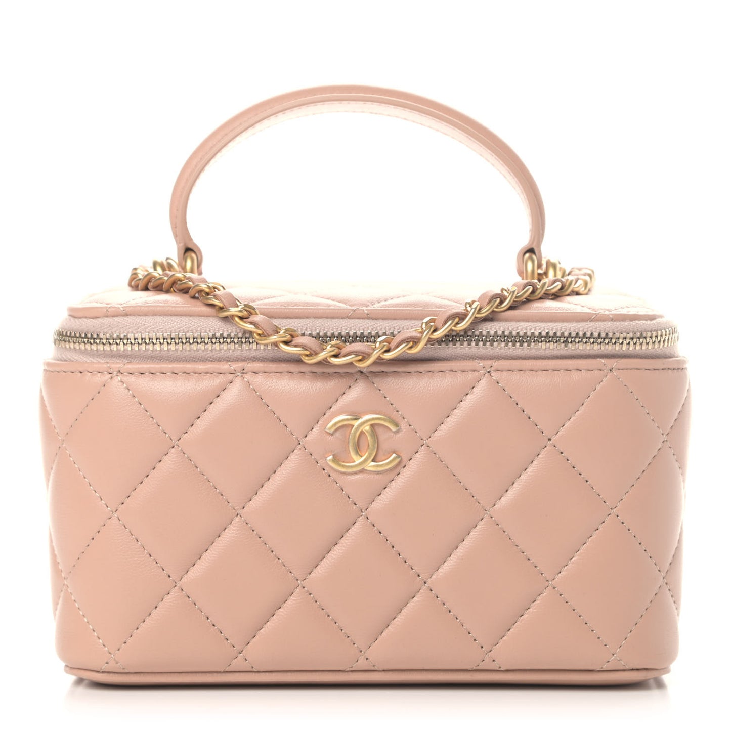 Lambskin Quilted Small Top Handle Vanity Case With Chain Beige