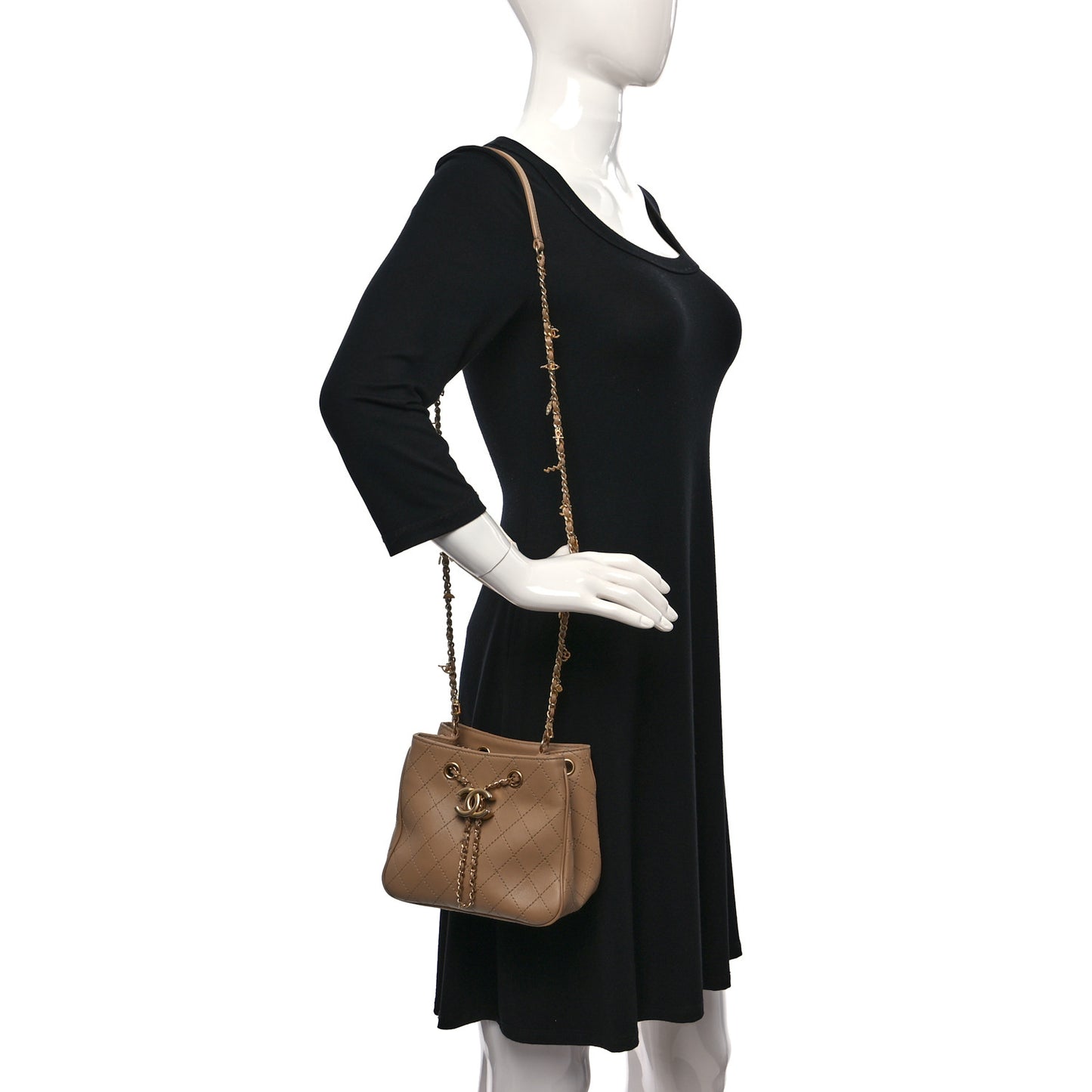 Calfskin Stitched Small Egyptian Amulet Drawstring Bag Beige