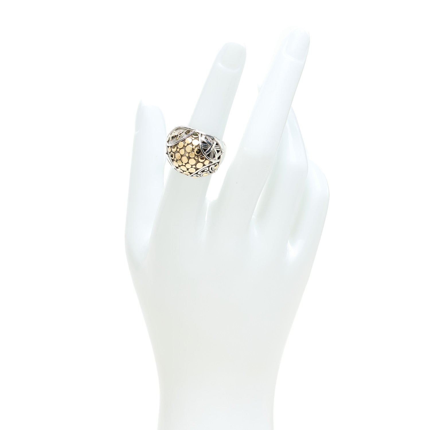 John Hardy Sterling Silver 18K Yellow Gold Bamboo Dot Dome Ring 52 6 2 of 5