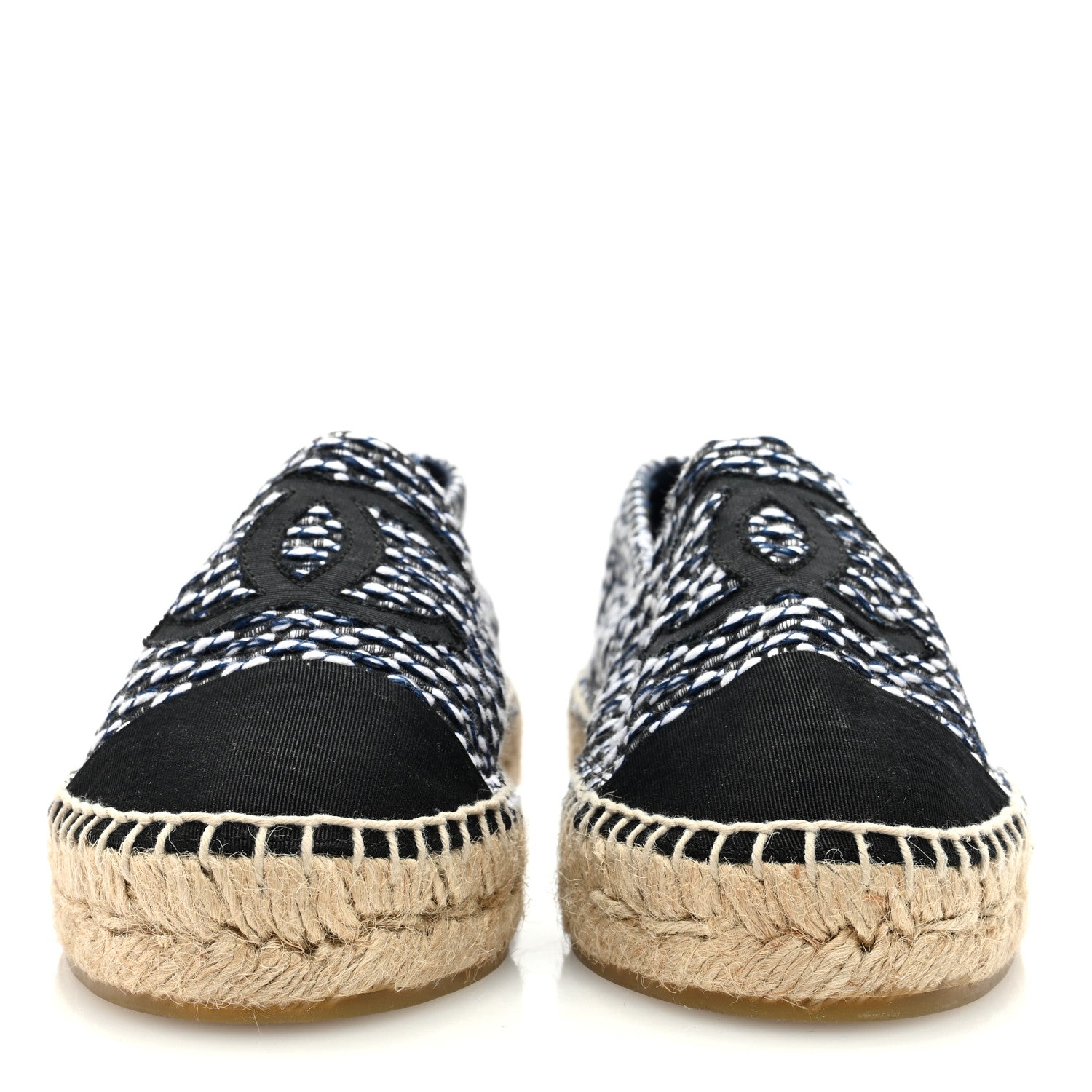 Chanel Tweed Grosgrain CC Espadrilles 37 Black Navy White 3 of 8