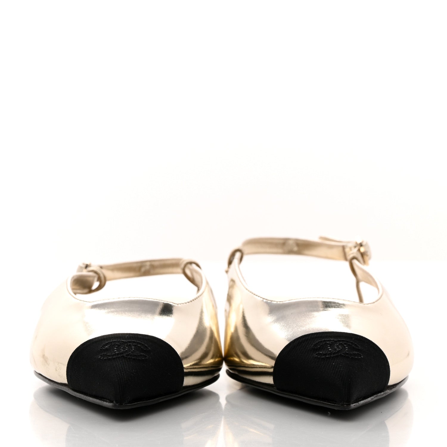 Chanel Laminated Calfskin Grosgrain Cap Toe CC Slingback Flats 37 Gold Black 2 of 9