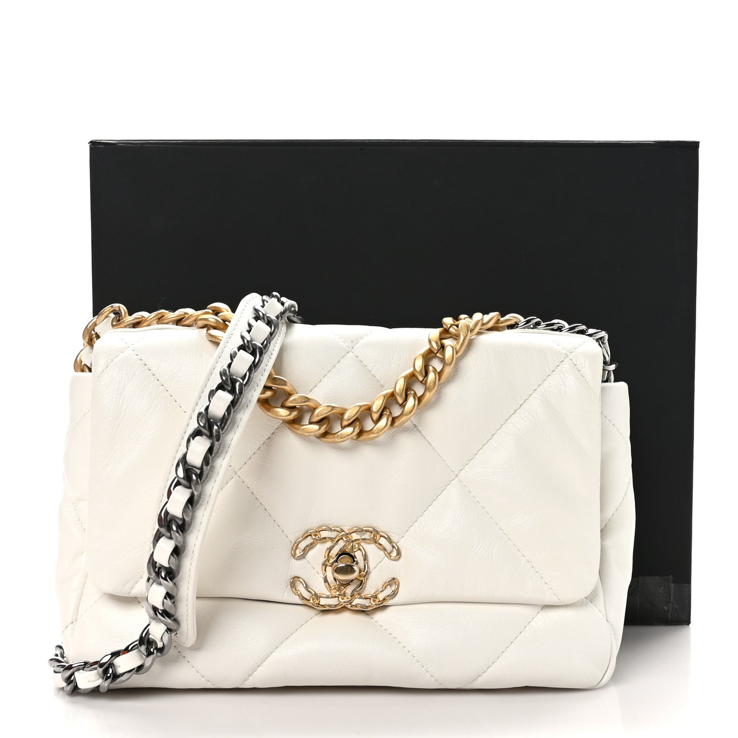 Shiny Crumpled Calfskin Quilted Medium Chanel 19 Flap White