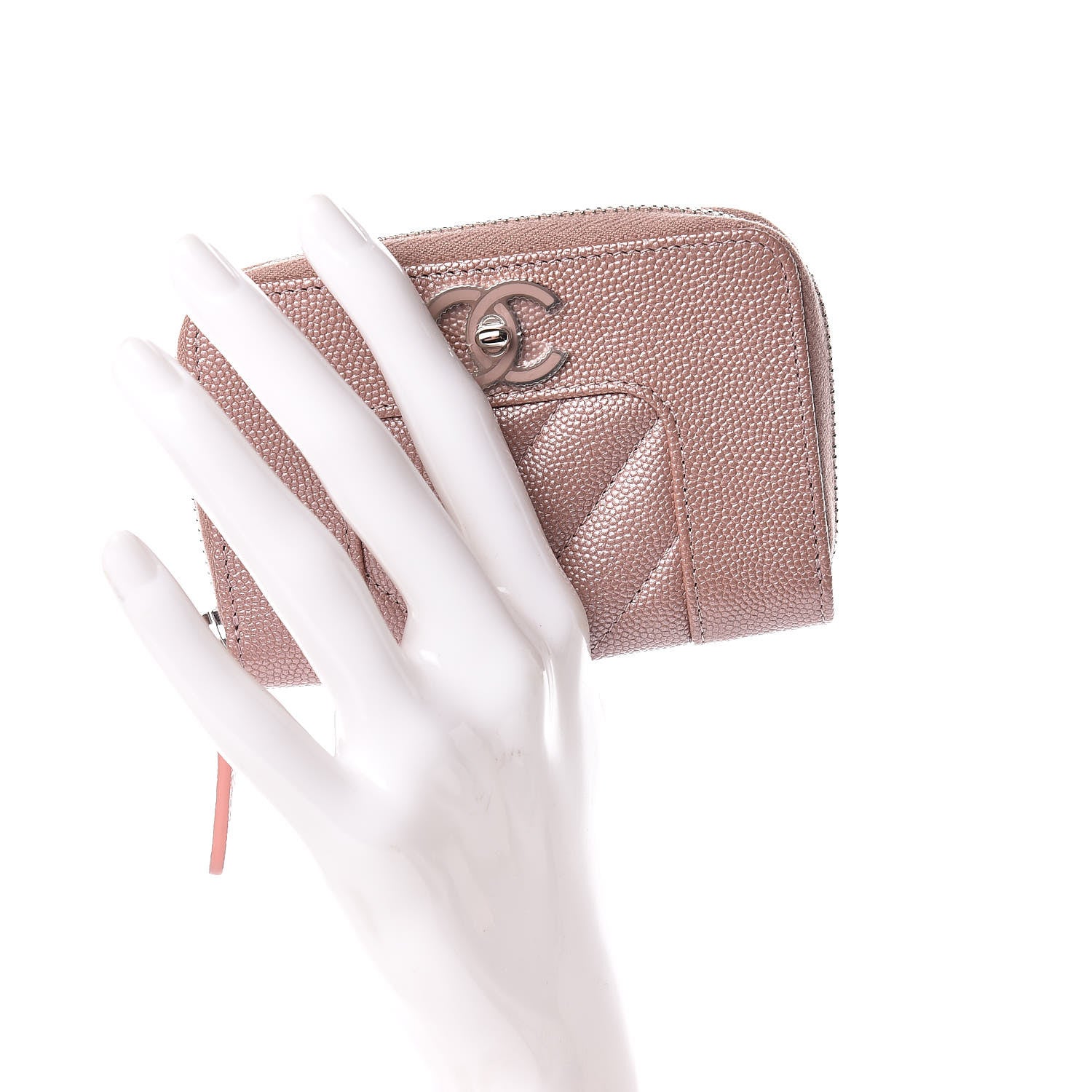 Chanel Metallic Caviar Chevron Quilted Vintage Mademoiselle Coin Purse Pink 2 of 8