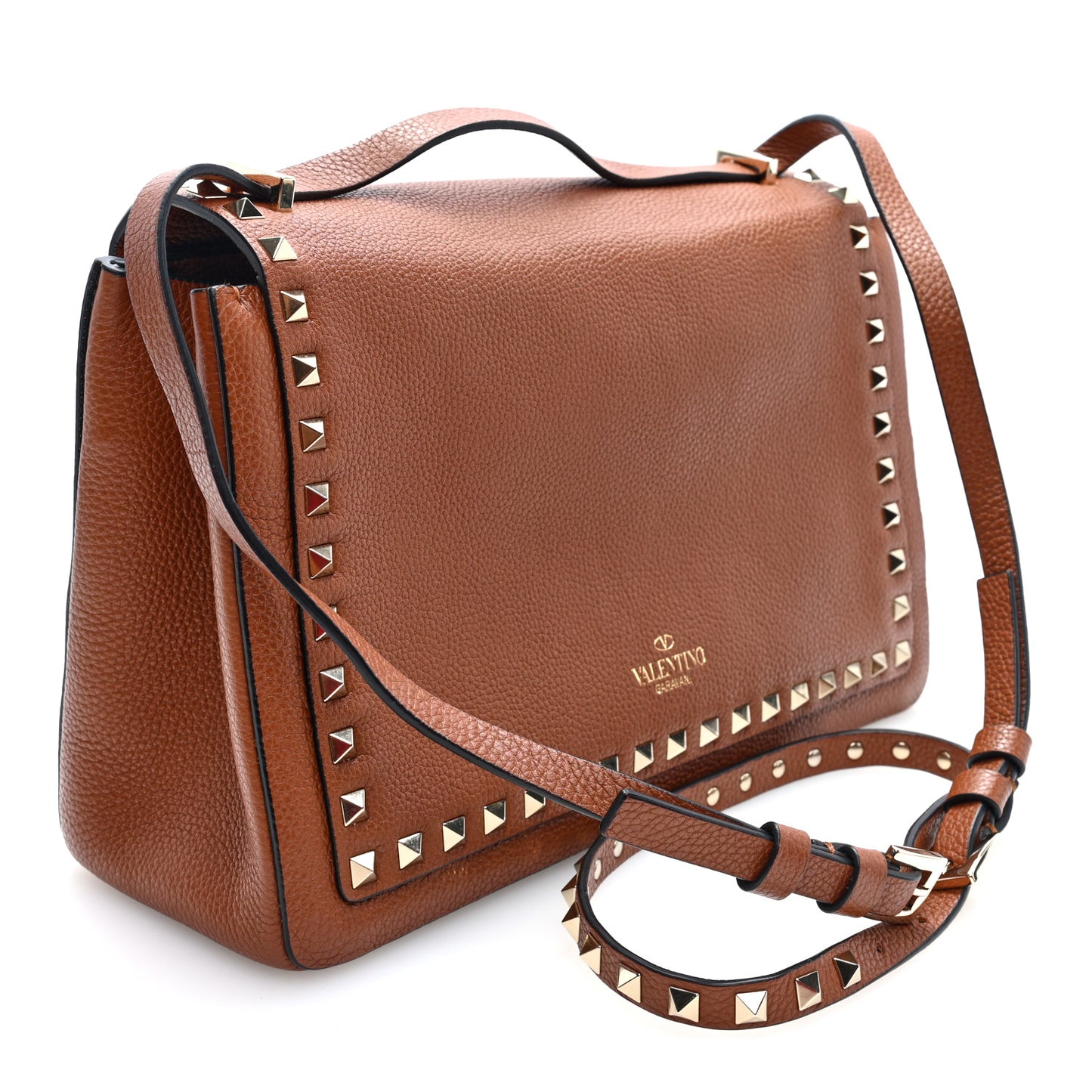 Pebbled Calfskin Rockstud Flip Lock Shoulder Flap Bag Brown
