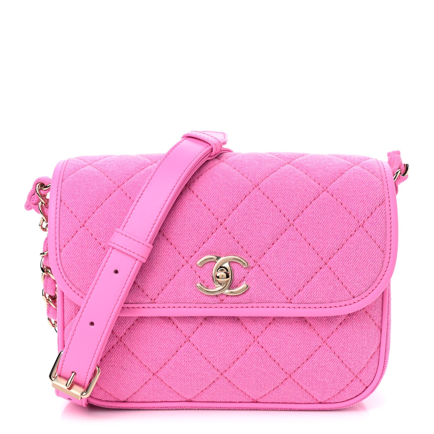 Chanel Denim Quilted Small Messenger Flap Neon Pink 1 of 9