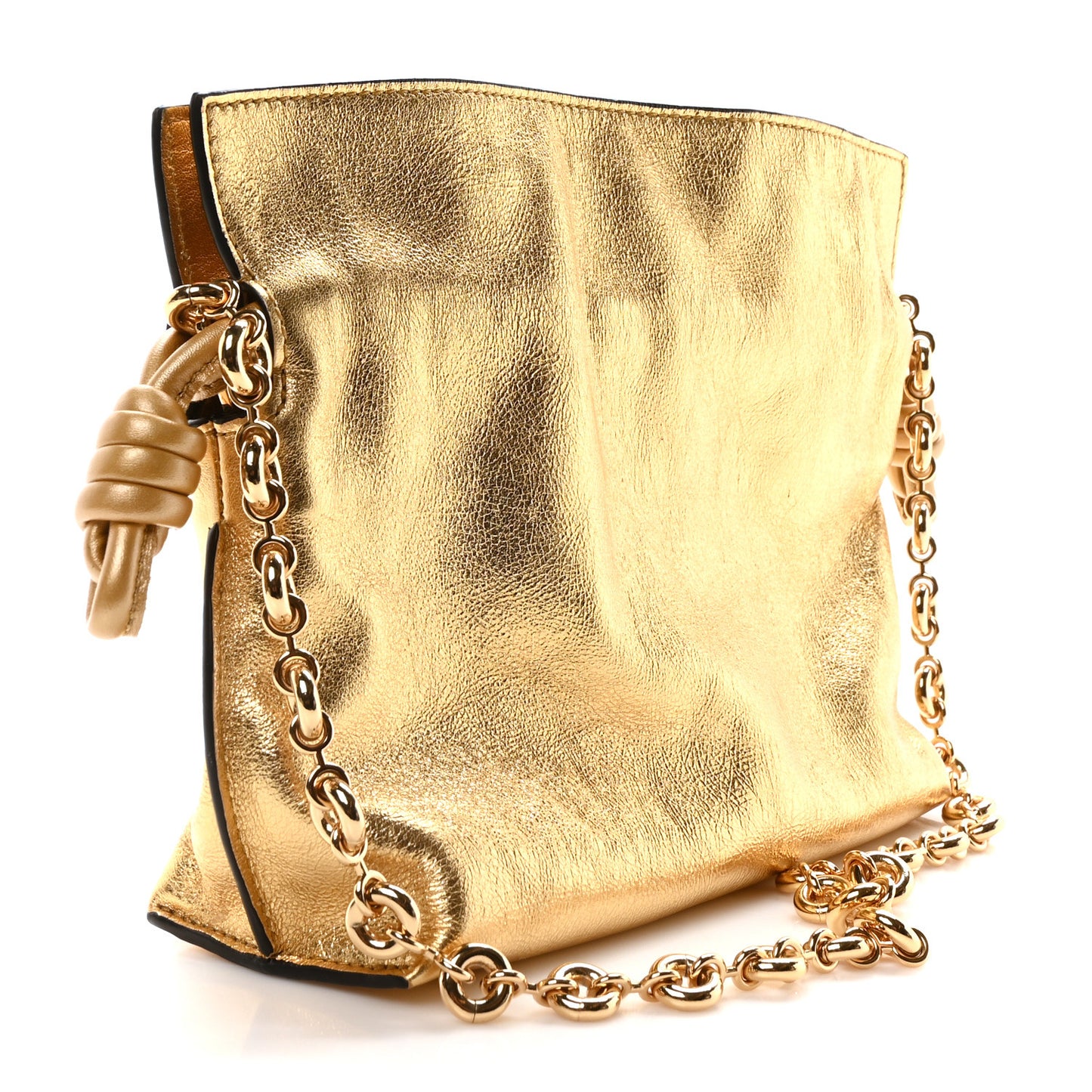 Metallic Calfskin Mini Chain Flamenco Knot Clutch Gold