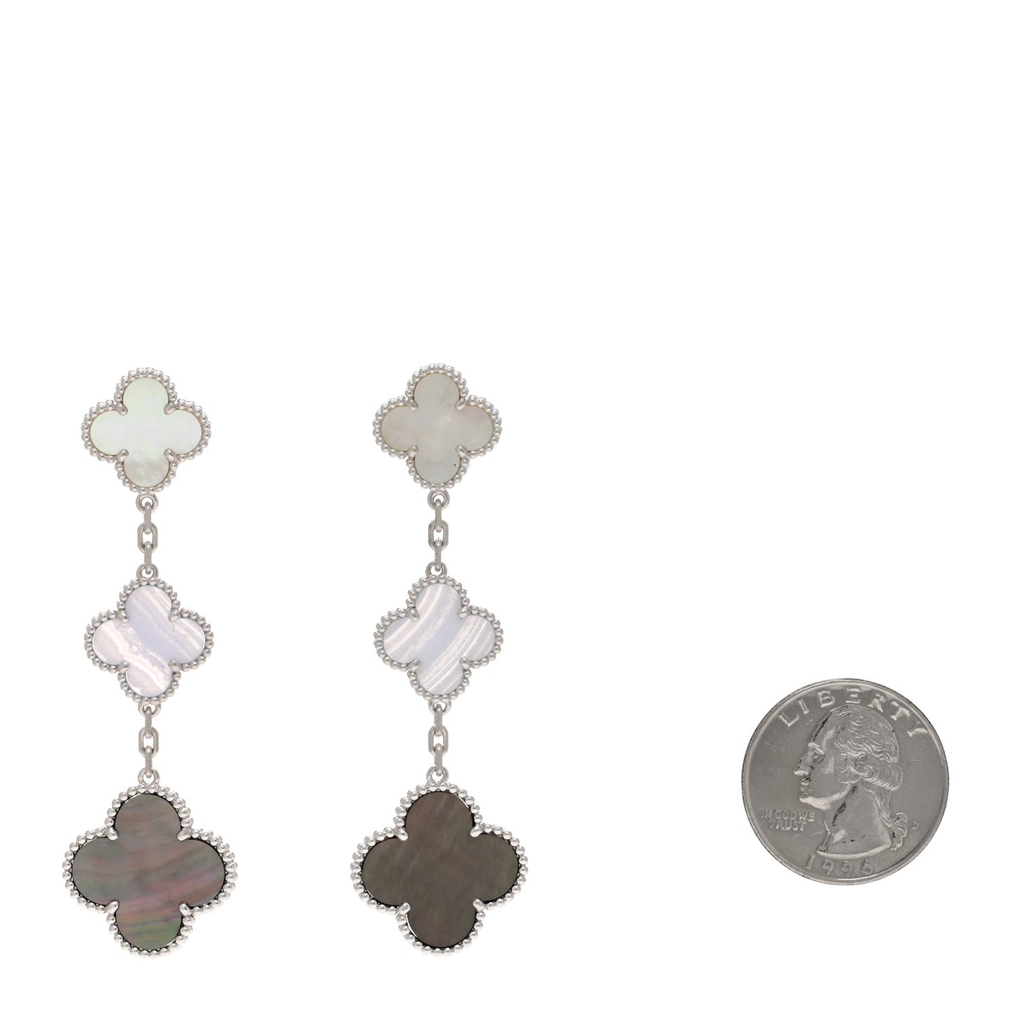 18K White Gold Mother of Pearl Chalcedony 3 Motifs Magic Alhambra Earrings
