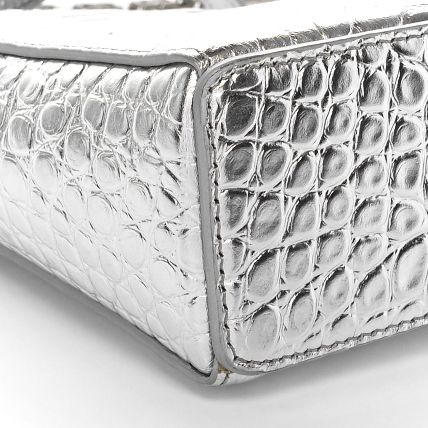 Metallic Calfskin Croc Embossed Small Cut Out Shoulder Bag Silver
